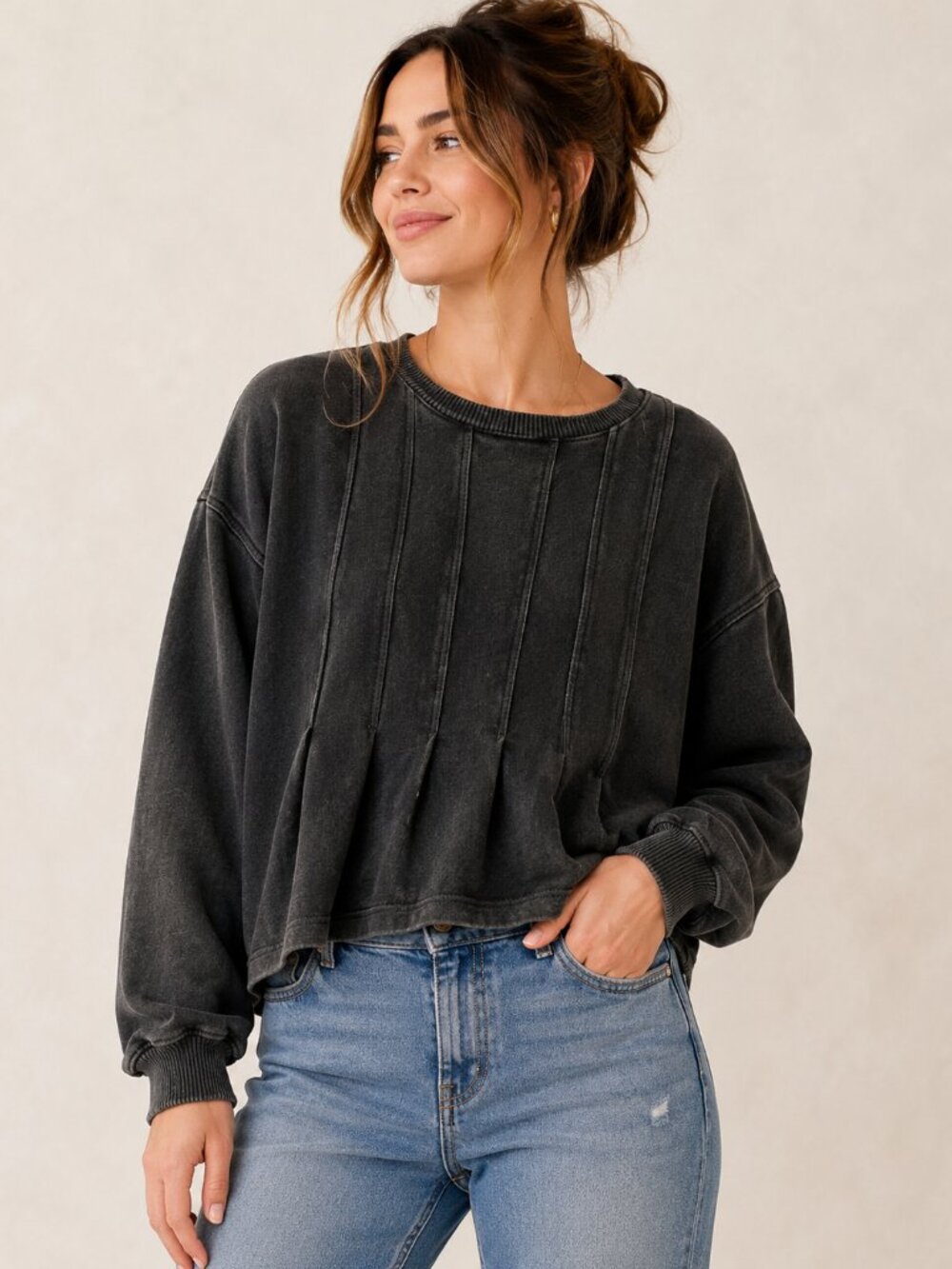 Pilcro Anthropologie Womens S Black Pintuck Pleated Cotton Sweatshirt Boho 1442